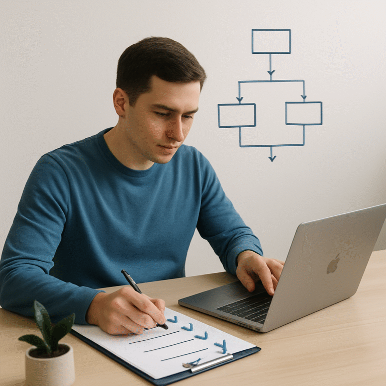 A young man working at a minimalist desk, checking items on a clipboard while using a laptop, with a simple flowchart drawn on the wall behind him — representing business systemization and workflow organization.