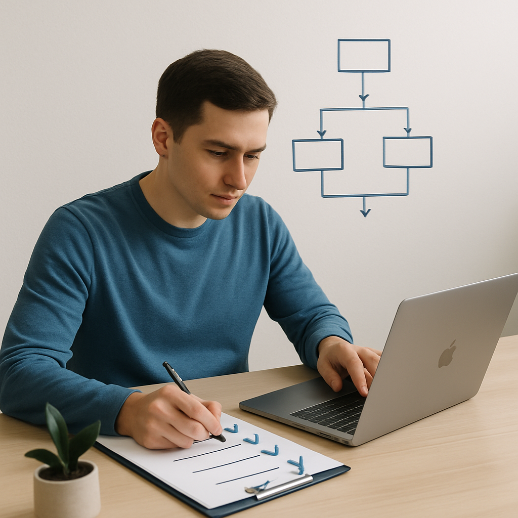 A young man working at a minimalist desk, checking items on a clipboard while using a laptop, with a simple flowchart drawn on the wall behind him — representing business systemization and workflow organization.