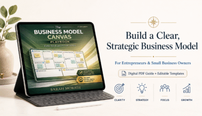 Business Model Canvas Playbook digital product cover showing the playbook on a tablet with a clear strategic business model message