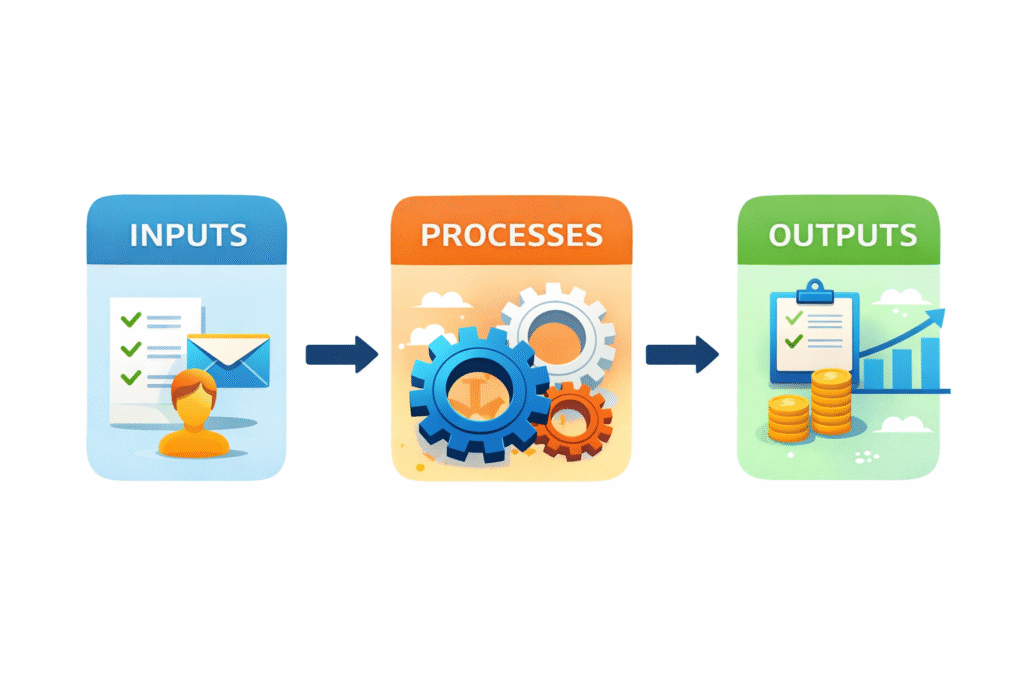 Simple flowchart showing inputs, processes, and outputs in business systemization