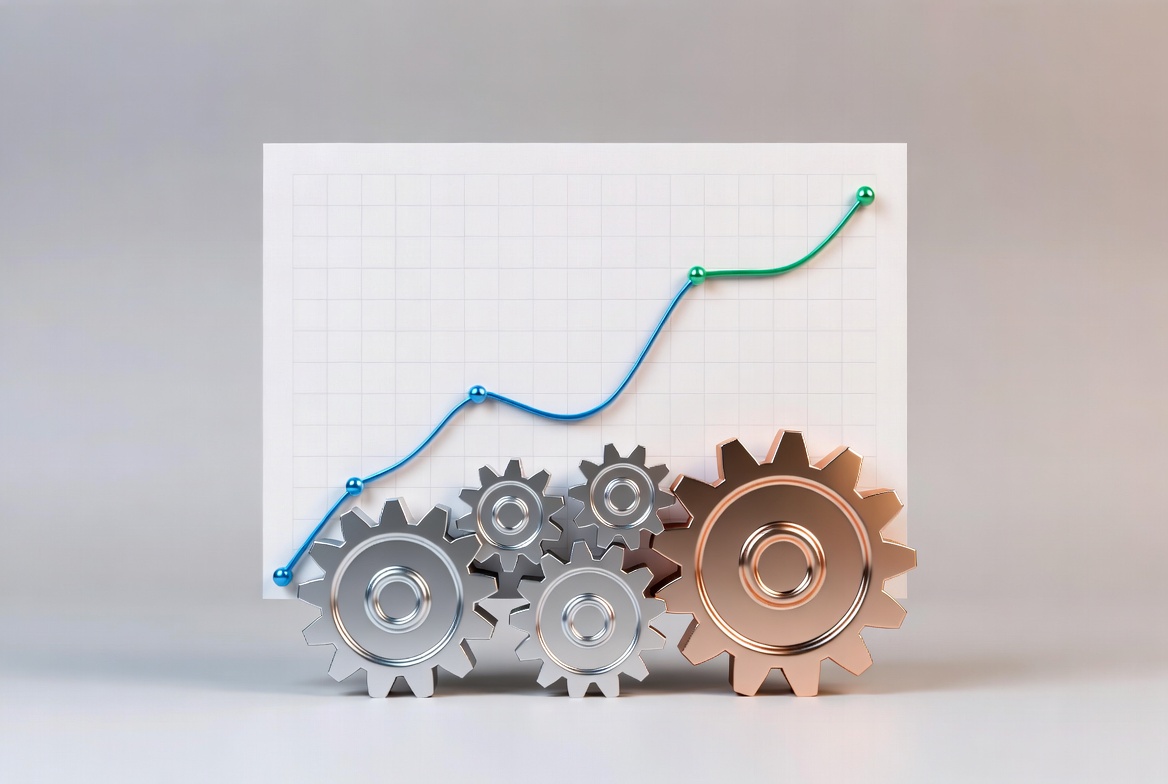 A horizontal cover illustration showing three interlocking gears in muted teal and gray tones on the left, symbolizing business systems and processes, alongside a rising bar chart in shades of green with an upward-trending orange arrow on the right, representing business growth and scaling.