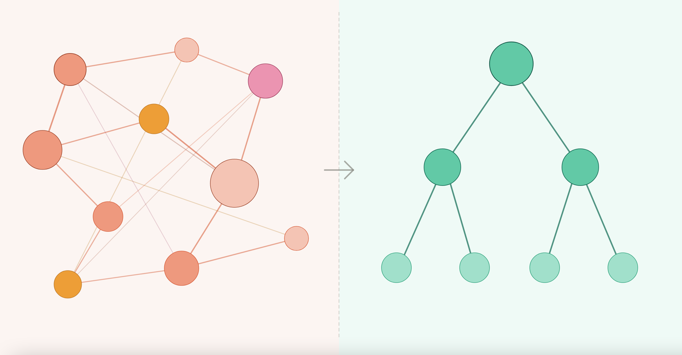 A horizontal before-and-after infographic showing two contrasting network diagrams. On the left, labeled "Before," a tangled web of nodes in warm coral, orange, and pink tones with crossing lines in every direction — representing chaotic, unstructured business operations. A dashed dividing line runs down the center with a forward arrow. On the right, labeled "After," a clean hierarchical tree structure with uniform teal and green nodes connected by orderly lines — representing systemized, organized business growth.