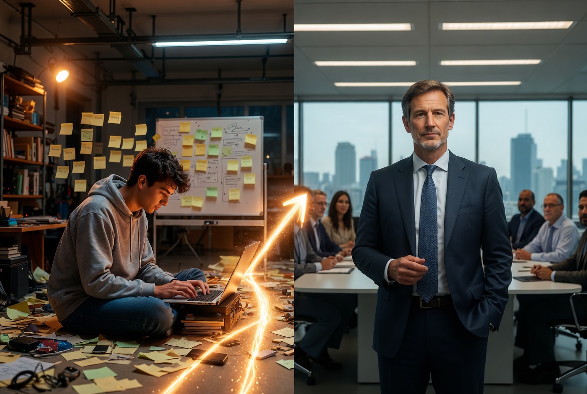 Split-screen illustration showing the transition from startup founder to CEO: On the left, a young entrepreneur in a hoodie works late in a cluttered garage filled with sticky notes, a whiteboard, and a laptop. A glowing golden arrow leads to the right side, where the same man—now older and wearing a sharp business suit—confidently stands as CEO, leading a diverse executive team in a sleek modern boardroom with a city skyline view.