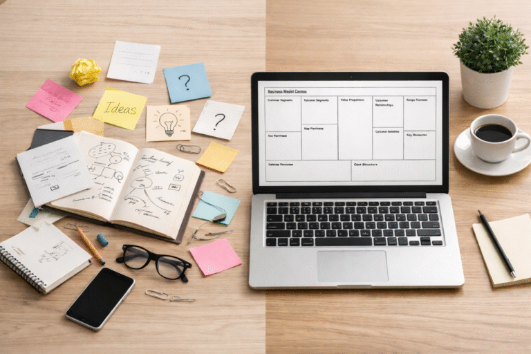 Alt text: A realistic workspace scene split into two halves: on the left, scattered sticky notes, sketches, notebooks, and loose ideas; on the right, a clean laptop displaying a Business Model Canvas beside a coffee cup and small plant, symbolizing the shift from scattered thinking to clear business strategy.