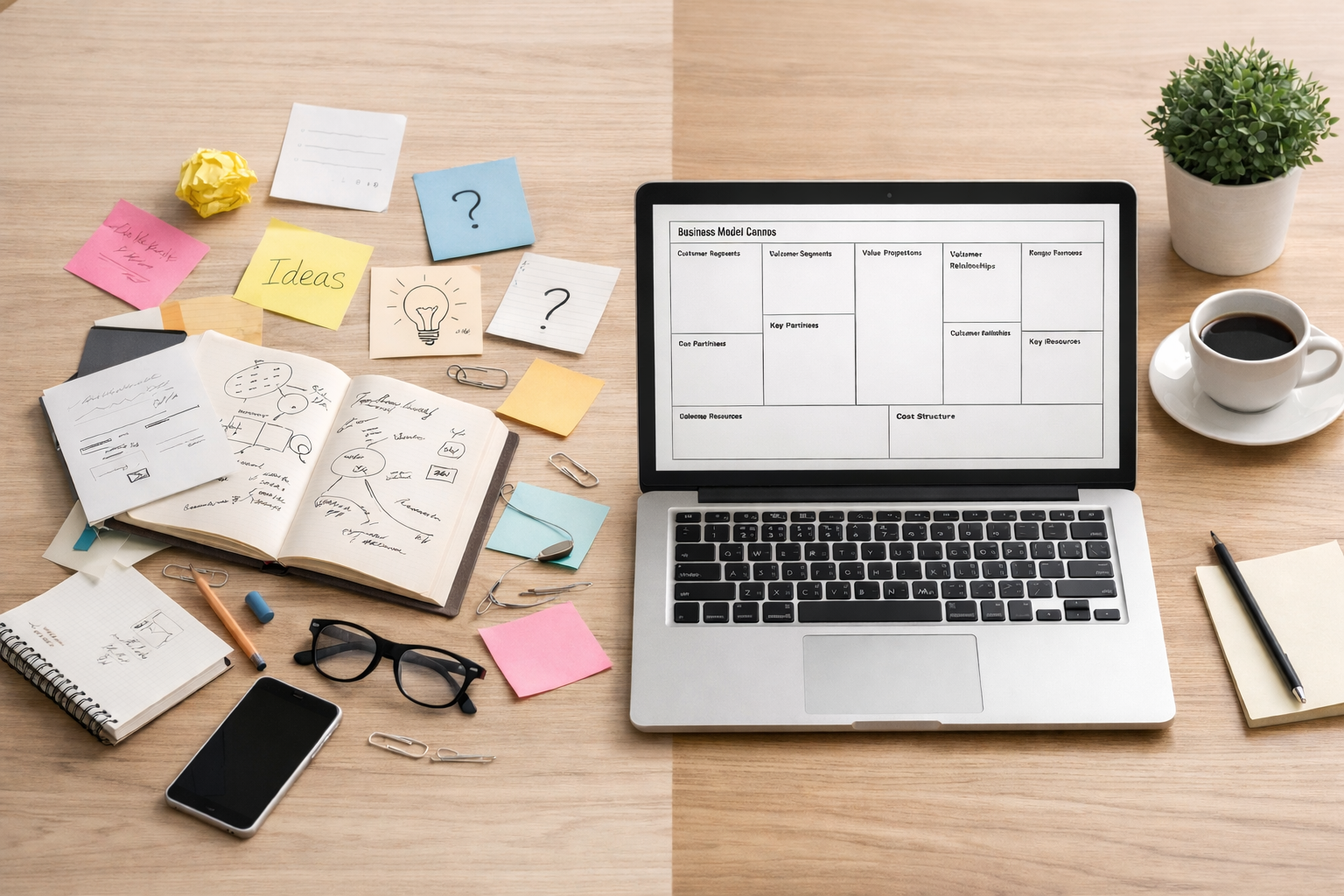 Alt text: A realistic workspace scene split into two halves: on the left, scattered sticky notes, sketches, notebooks, and loose ideas; on the right, a clean laptop displaying a Business Model Canvas beside a coffee cup and small plant, symbolizing the shift from scattered thinking to clear business strategy.
