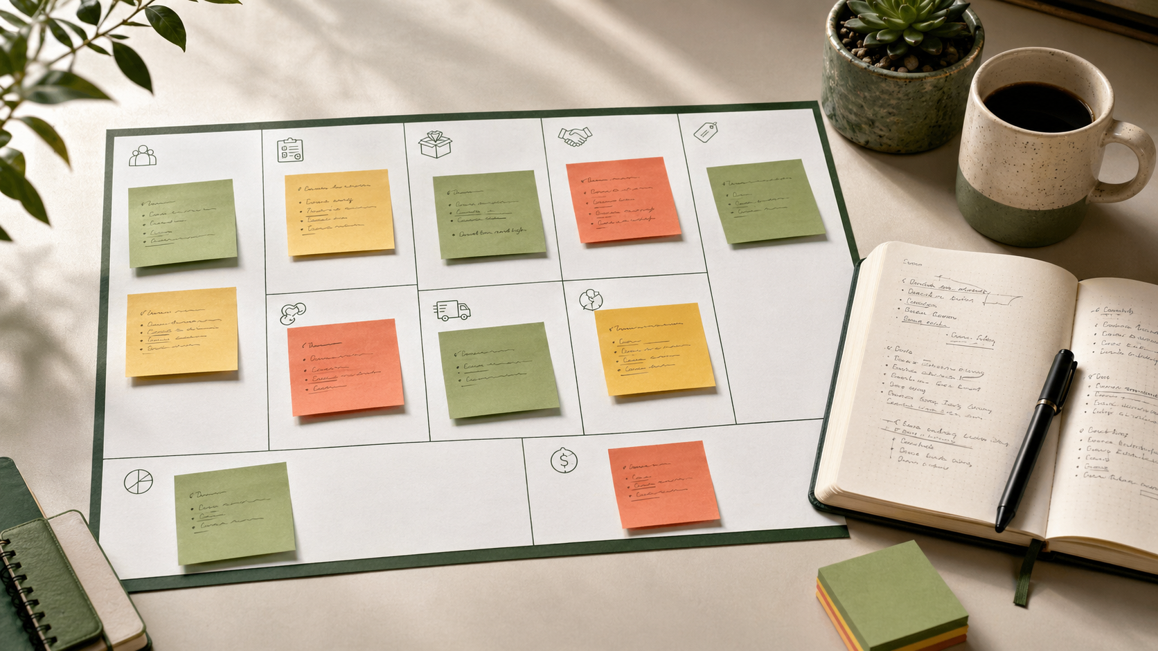 A modern flat-lay workspace with a printed Business Model Canvas, colorful sticky notes, an open notebook, pen, coffee mug, and small plant on a warm neutral desk.