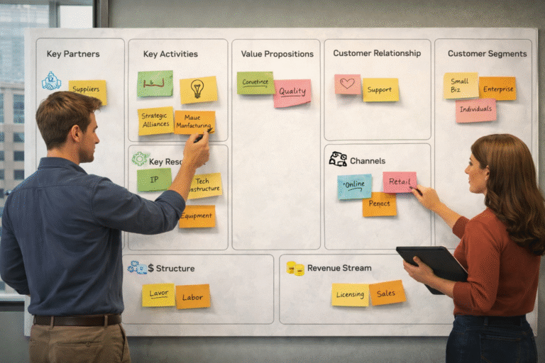 Two professionals filling out a Business Model Canvas on a wall using sticky notes, covering sections like key activities, value propositions, customer segments, and revenue streams in a modern office setting.