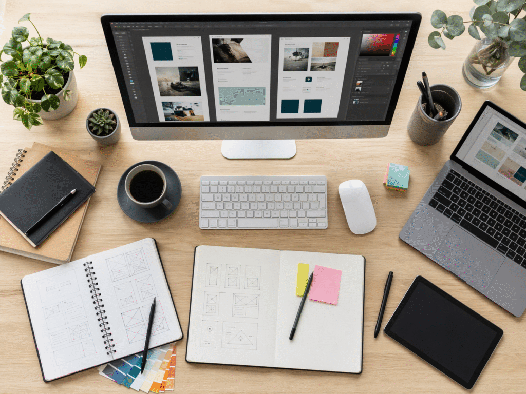 Top-down view of a creative workspace with a desktop computer displaying design templates, notebooks with wireframe sketches, a laptop, tablet, sticky notes, coffee, and digital tools arranged on a clean wooden desk, with no people present.