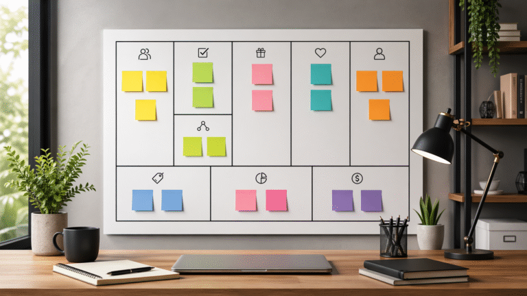 A modern workspace with a Business Model Canvas board on the wall, colorful sticky notes arranged across nine sections, a laptop, notebook, desk lamp, coffee mug, and plants, representing structured business planning and strategy design.