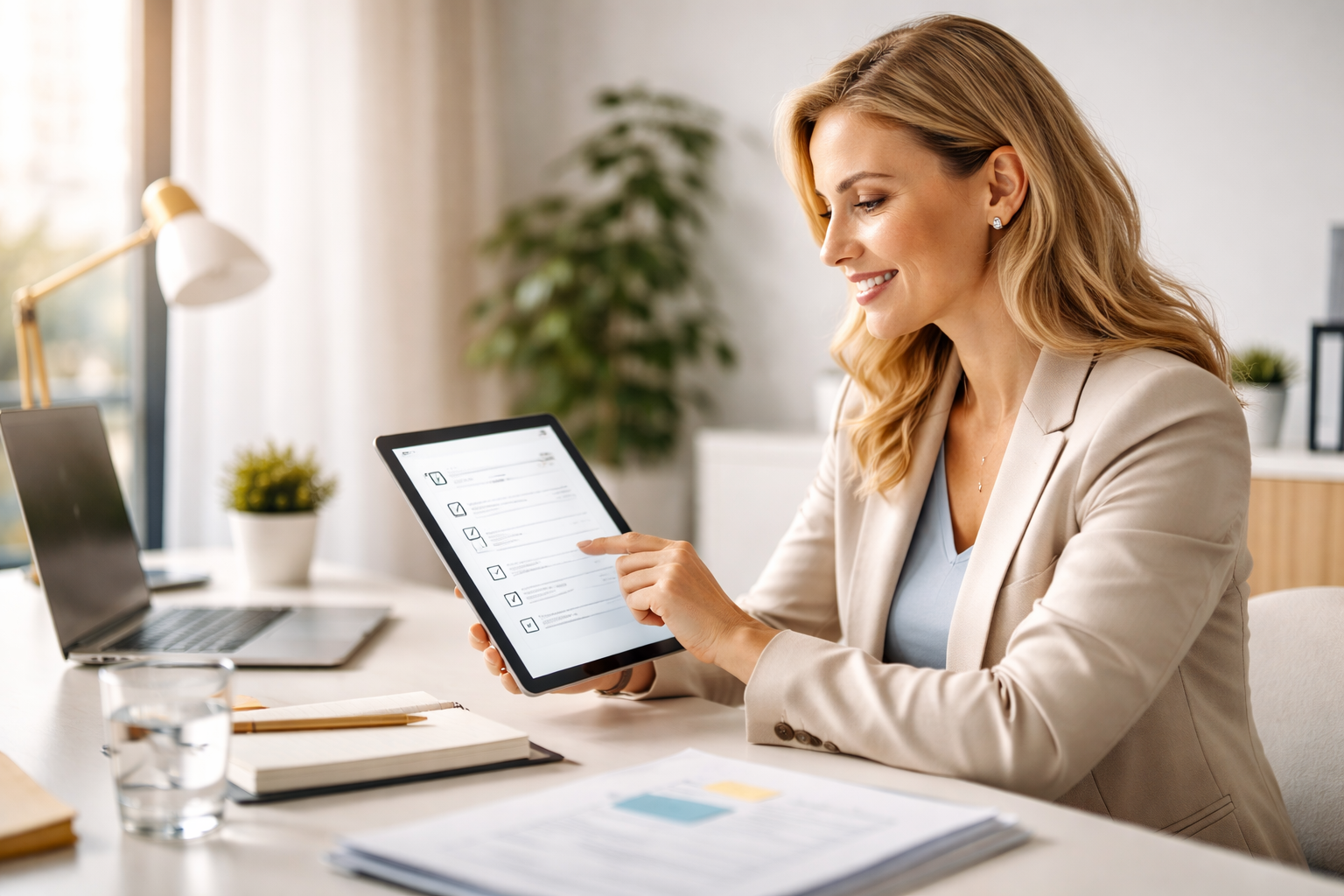 A service professional reviewing a tablet with a client onboarding checklist template open on screen