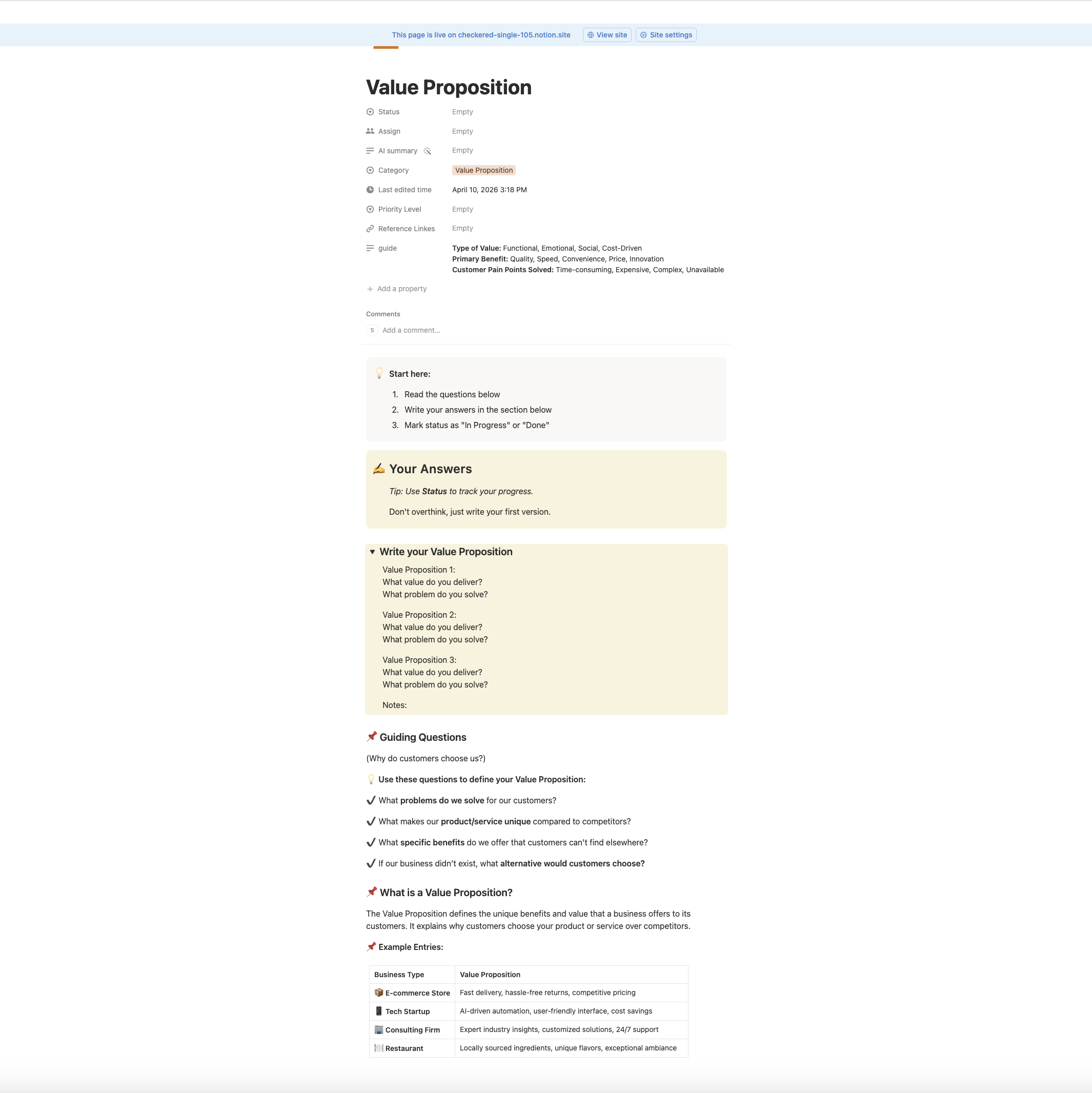 Value Proposition block in Notion BMC template showing guiding questions, Your Answers section, definition, and example entries table