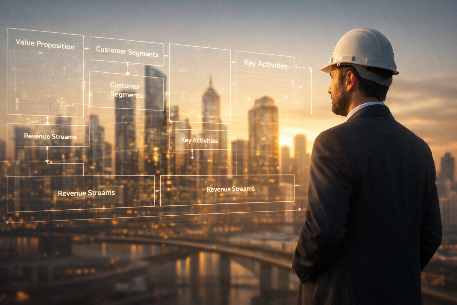 An architect in a suit stands facing a modern city skyline at sunset, observing a transparent overlay of a Business Model Canvas with labeled sections like value proposition, customer segments, and revenue streams aligned with the buildings.
