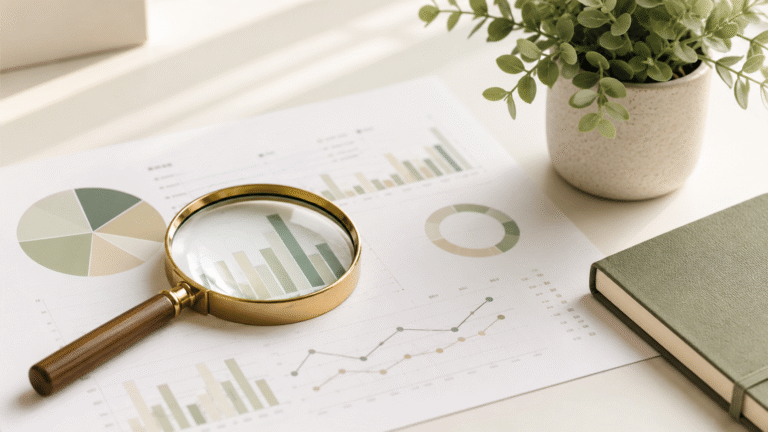 A minimalist flat-lay on a white desk showing a magnifying glass over a business report with soft green and beige charts, beside a small potted plant and a sage-green notebook in warm natural light.