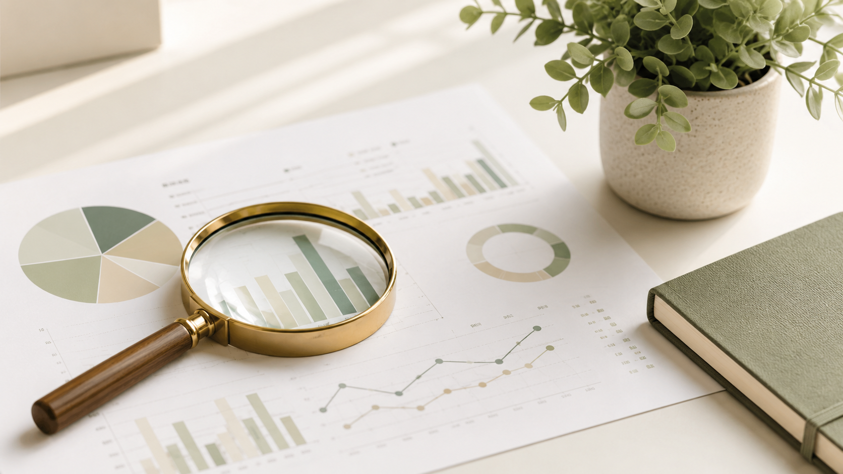 A minimalist flat-lay on a white desk showing a magnifying glass over a business report with soft green and beige charts, beside a small potted plant and a sage-green notebook in warm natural light.