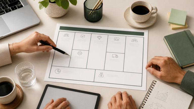 Two professionals reviewing a Business Model Canvas during a coaching or consulting session, with a laptop, coffee, notebook, and planning tools on a clean desk.