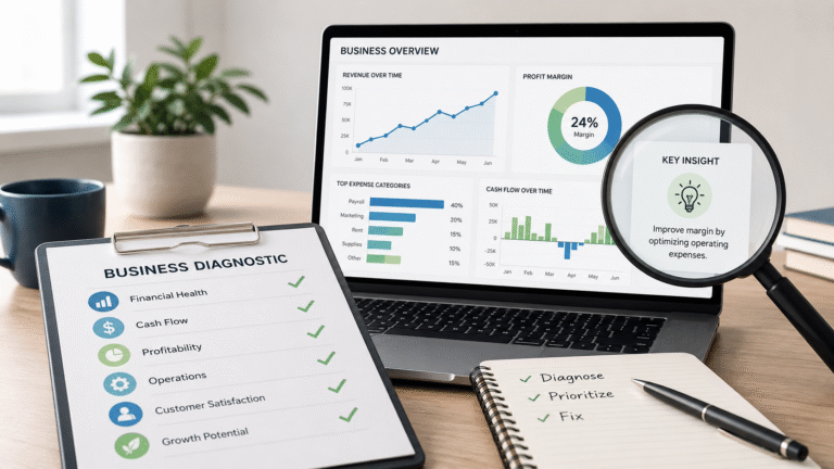 Business diagnostic dashboard with checklist, magnifying glass, and chart showing how to diagnose a small business before fixing problems