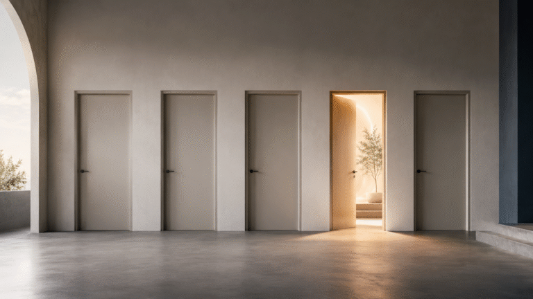 “A minimalist interior with a row of closed doors and one open, warmly lit doorway, symbolizing clarity, choice, and the right next step in business decision-making.”