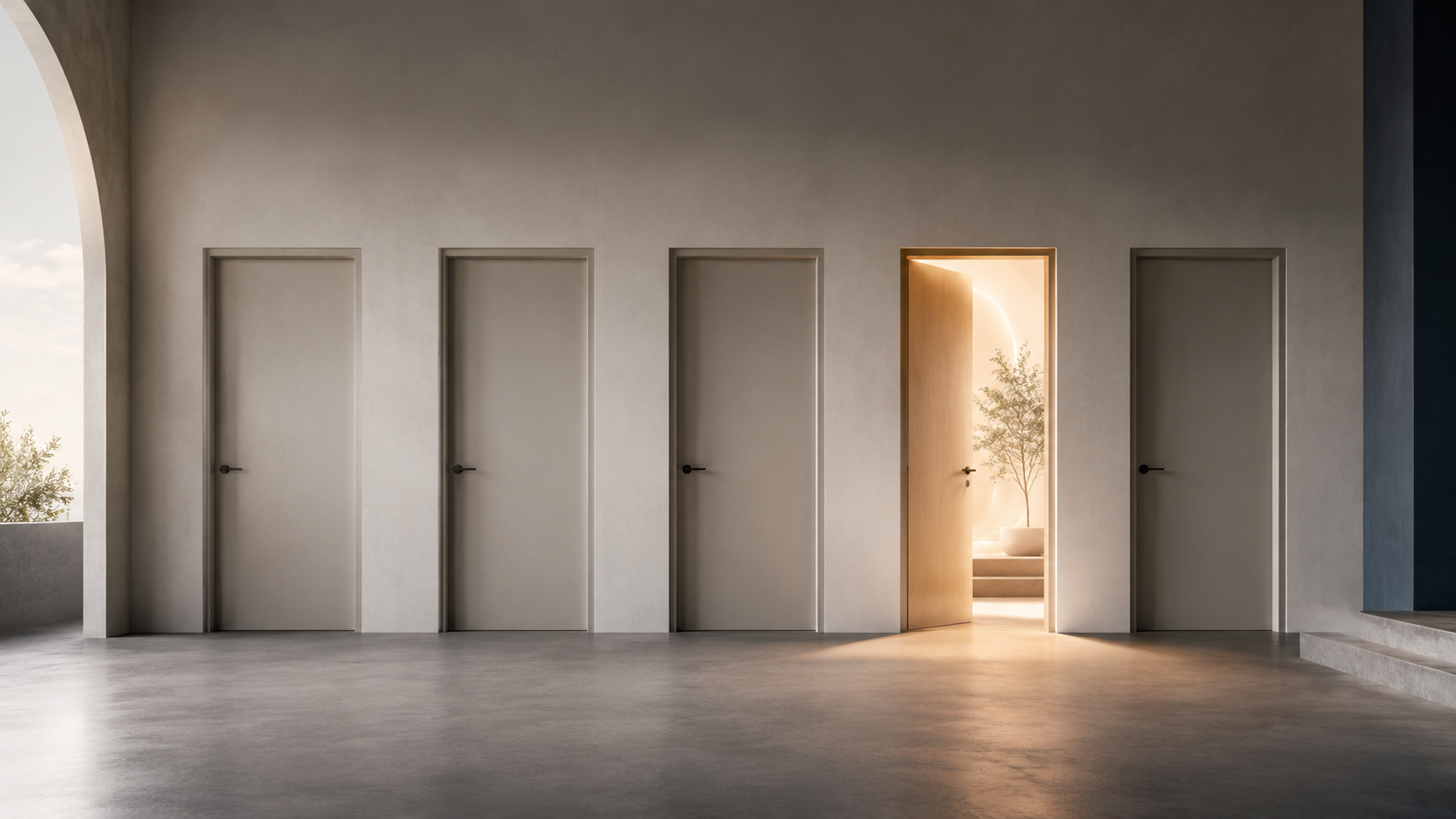 “A minimalist interior with a row of closed doors and one open, warmly lit doorway, symbolizing clarity, choice, and the right next step in business decision-making.”