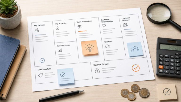 A clean workspace showing a printed Business Model Canvas with sticky notes, check marks, a magnifying glass, calculator, and coins, representing business idea validation before investing money.