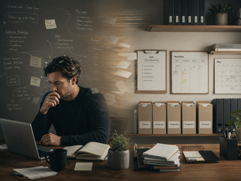 A thoughtful small business owner sits at a desk with a laptop. On the left side, scattered notes, arrows, tasks, and client details suggest a business living inside the founder’s head. On the right side, the same information is organized into an SOP document, workflow board, calendar, and labeled folders, showing the shift from mental overload to documented systems.