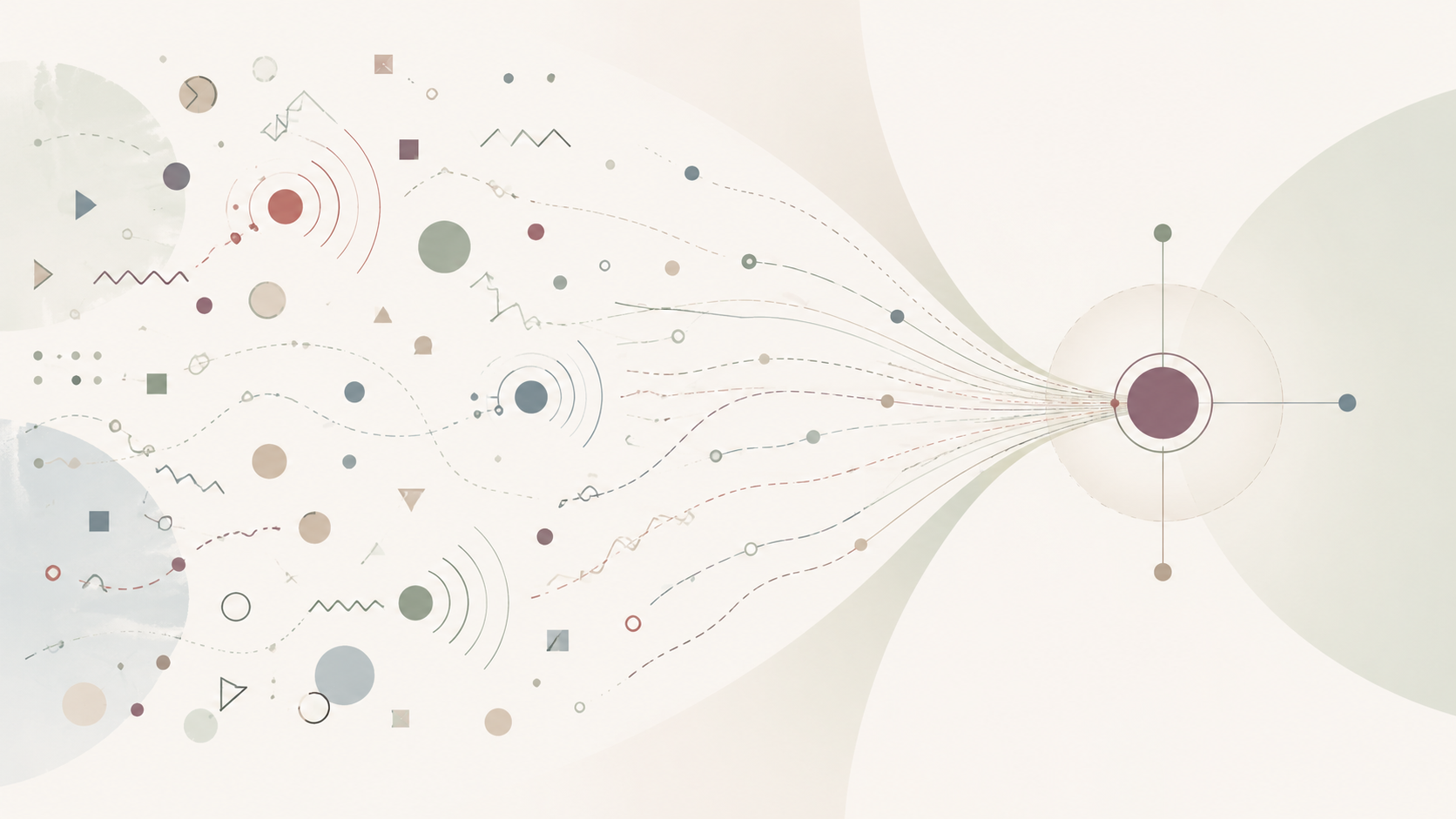 Abstract illustration showing scattered business symptoms converging into one clear root problem.