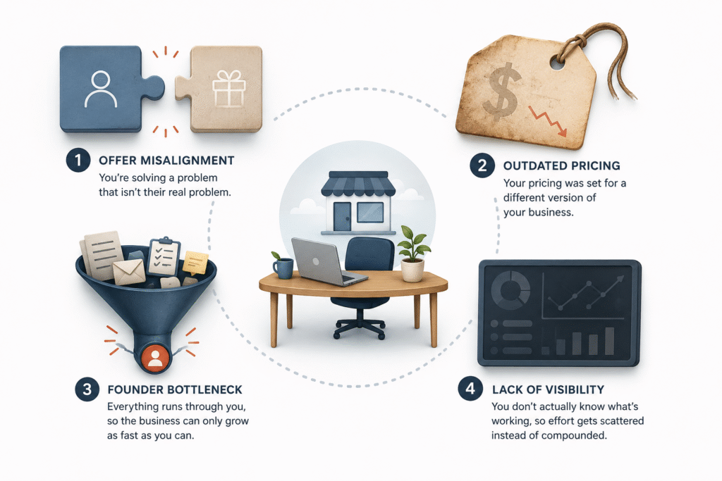 A visual map of four hidden business growth blockers: offer misalignment, outdated pricing, founder bottleneck, and lack of visibility.