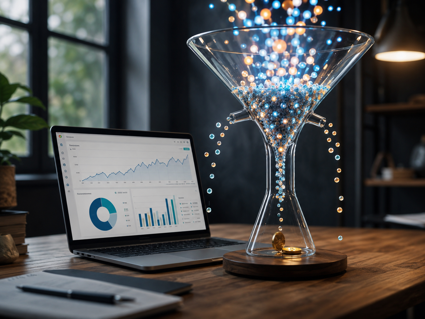 A modern workspace with a laptop showing rising website analytics beside a transparent glass funnel filled with glowing visitor-like dots. Many dots leak out before reaching the bottom, where only a few gold coins appear, symbolizing high traffic but low sales conversion.