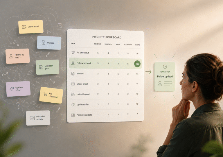 A thoughtful business owner looks at a visual priority scorecard that ranks tasks like client email, invoice, LinkedIn post, and follow-up lead, showing how to choose the next action when everything feels important.