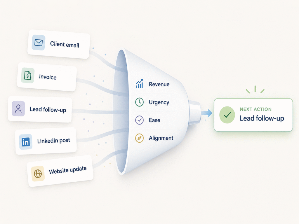 Business task cards pass through a priority filter to identify the most important next action.