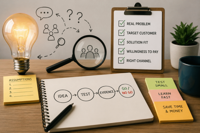 Flowchart showing the business idea validation process from idea to customer, problem, evidence, willingness to pay, business model, testing, and decision.