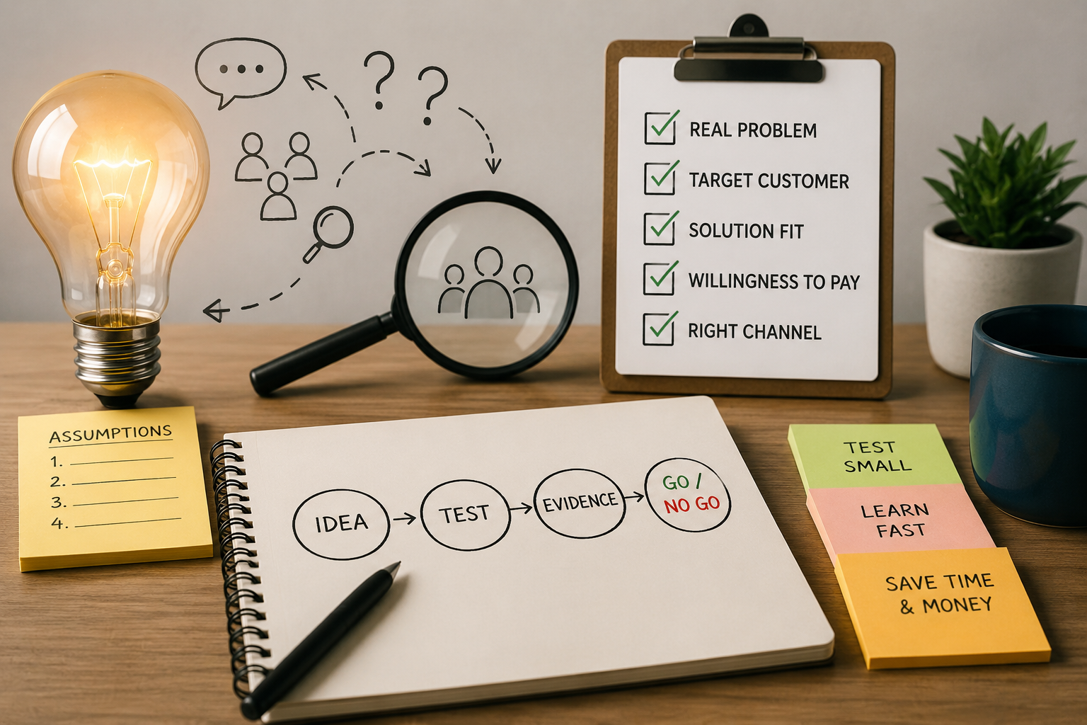 Flowchart showing the business idea validation process from idea to customer, problem, evidence, willingness to pay, business model, testing, and decision.