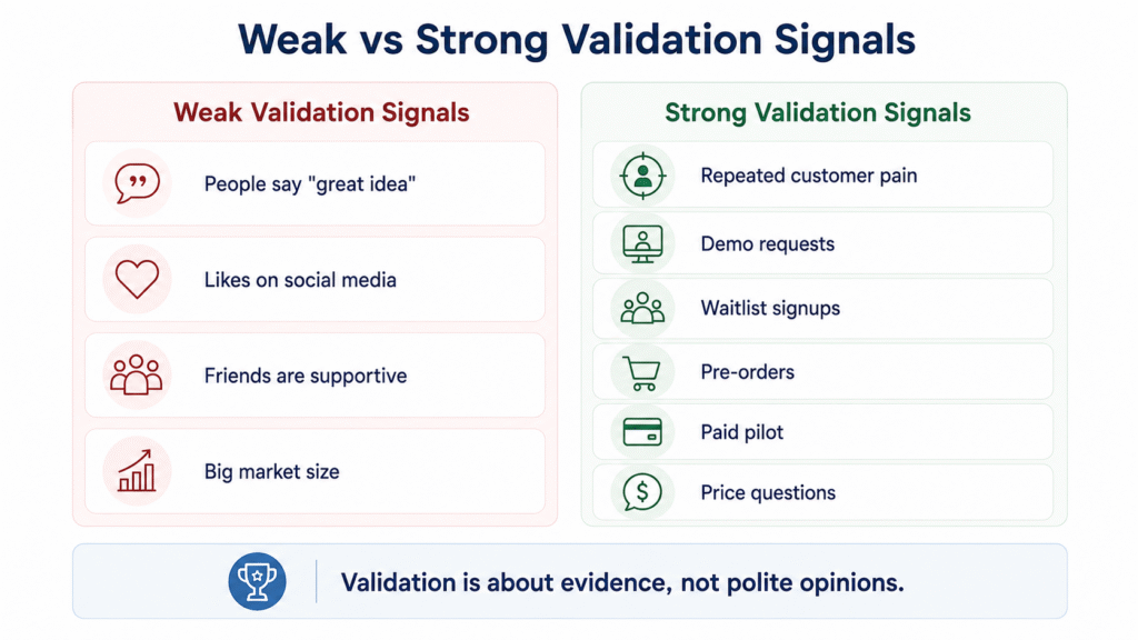 Comparison graphic showing weak validation signals versus strong validation signals for testing a business idea.