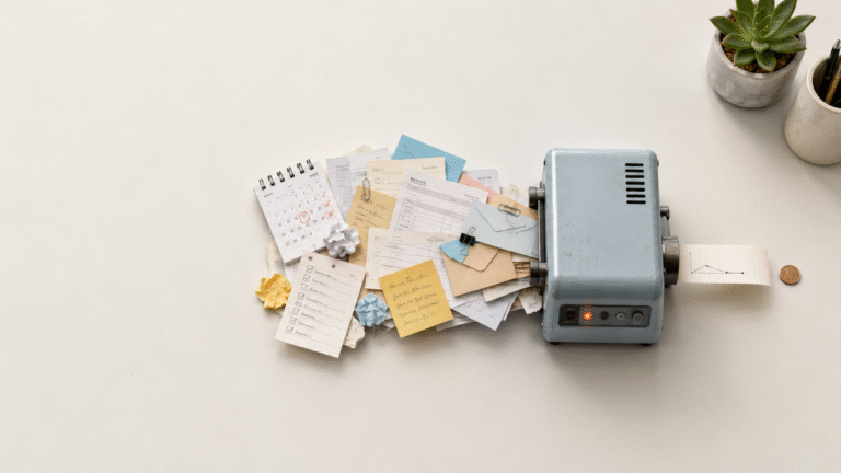 A small business effort machine taking in calendars, emails, invoices, and task lists, but producing only a tiny financial output, symbolizing busy work without growth.