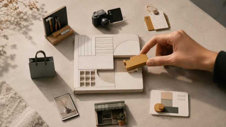 A hand places a golden block into the missing slot of a modular business model, surrounded by small objects representing different business ideas and possible directions.