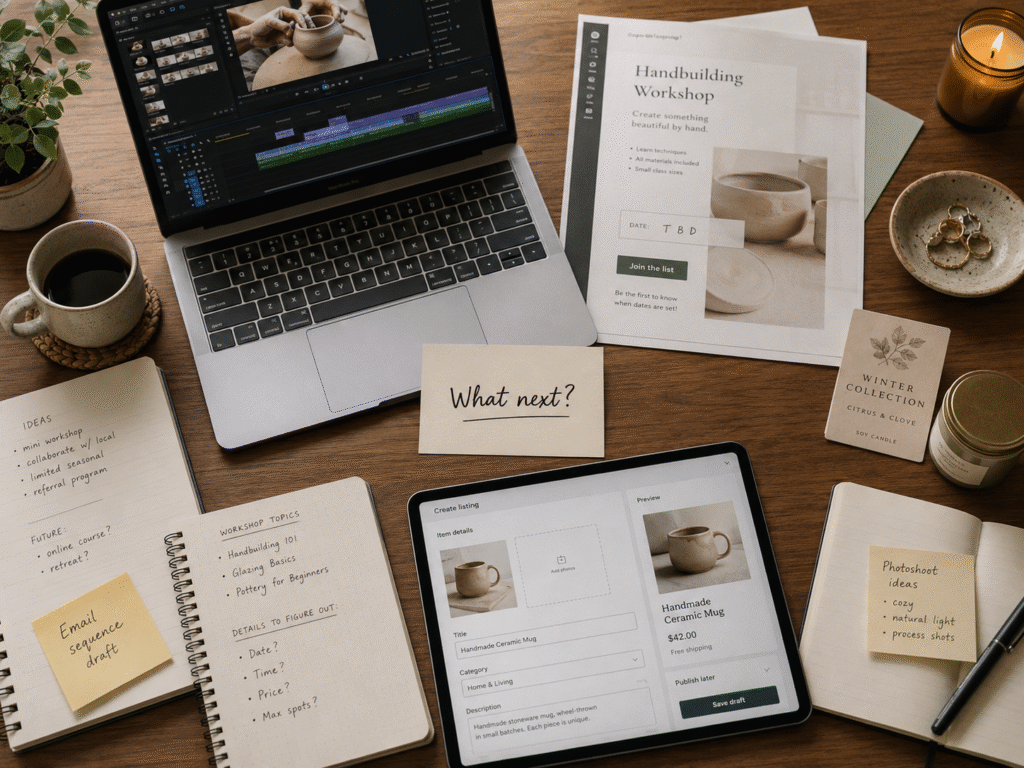 A small business workspace with several half-finished ideas open at once, including a video edit, workshop flyer, product listing draft, seasonal product card, and notes, with a central card asking “What next?”