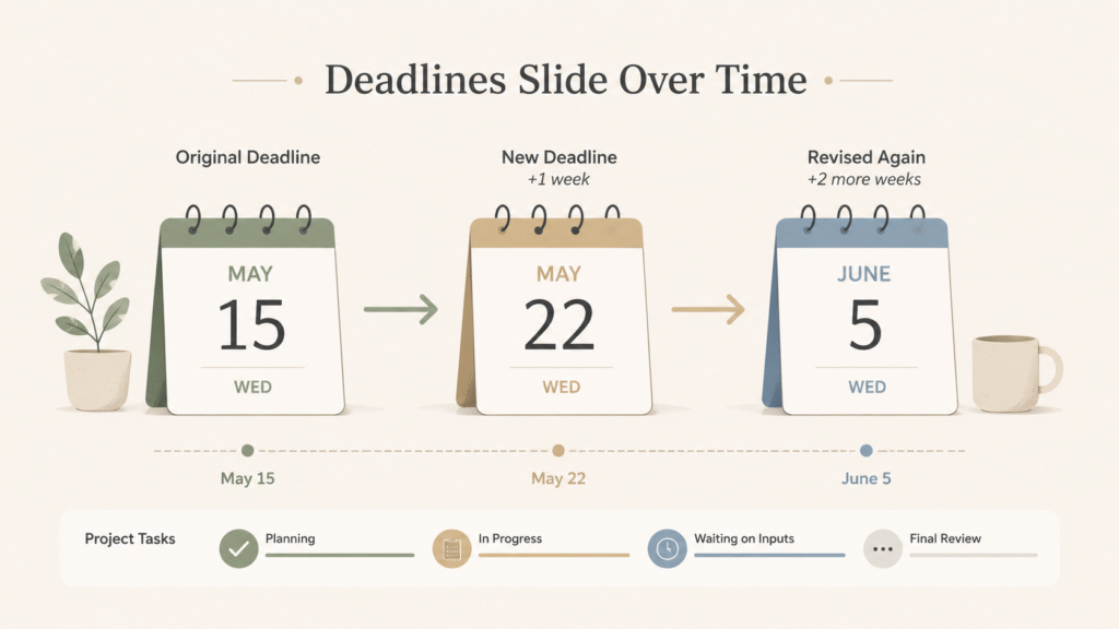 A simple visual showing how business deadlines gradually slip over time, moving from May 15 to May 22 and then to June 5, with each revision pushing the project further back.