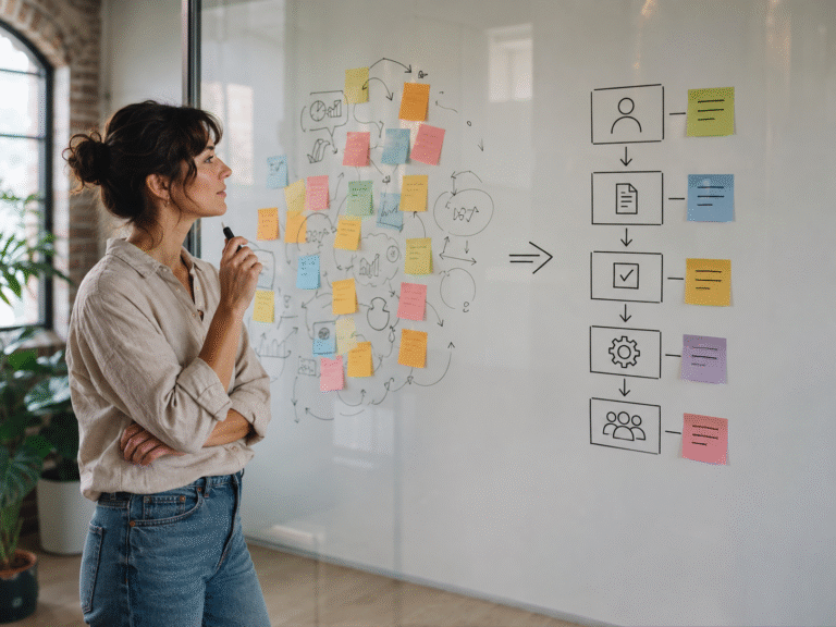 A small business owner studies a glass board where scattered notes and ideas transition into a clear, step-by-step workflow.