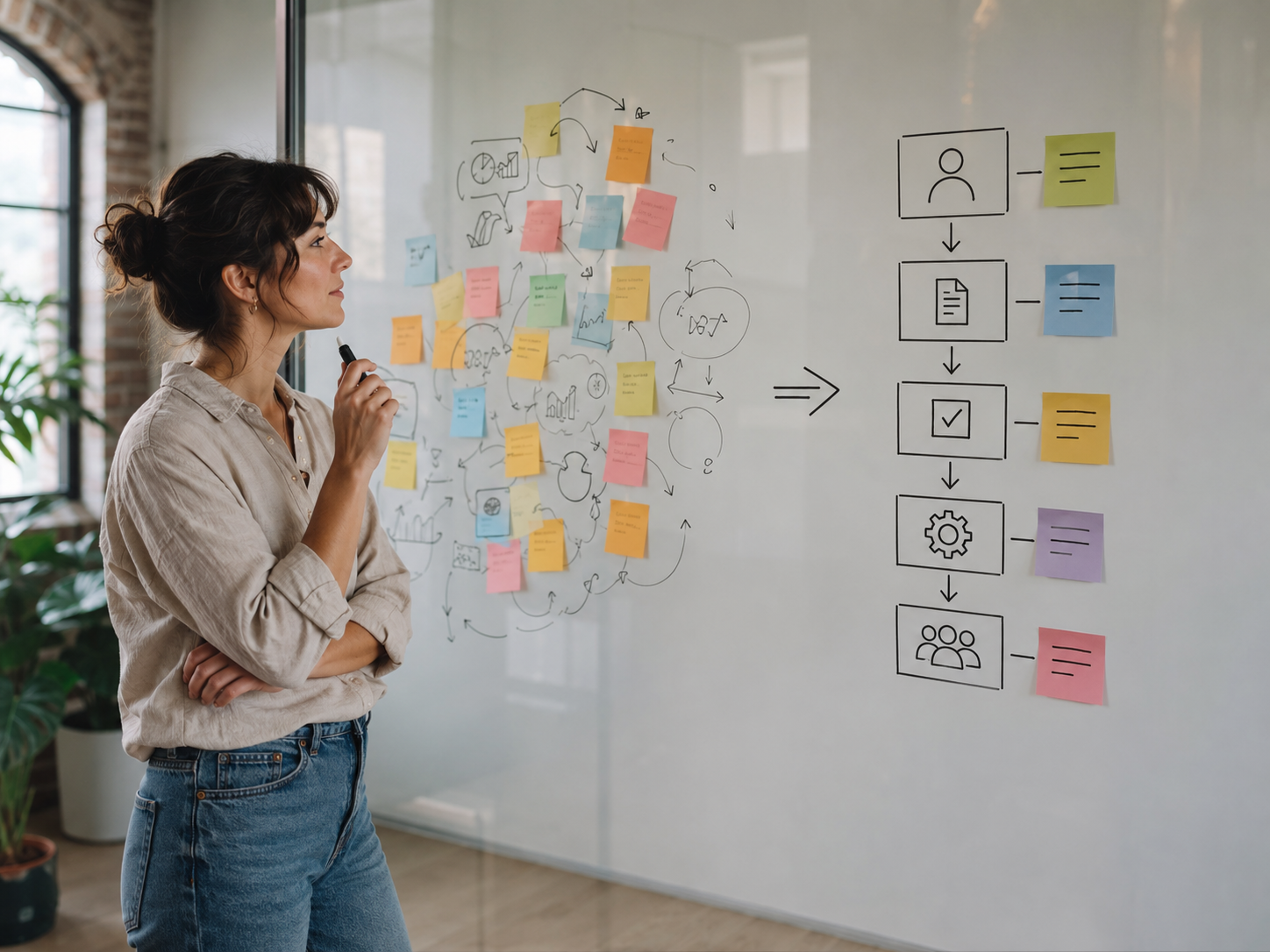 A small business owner studies a glass board where scattered notes and ideas transition into a clear, step-by-step workflow.