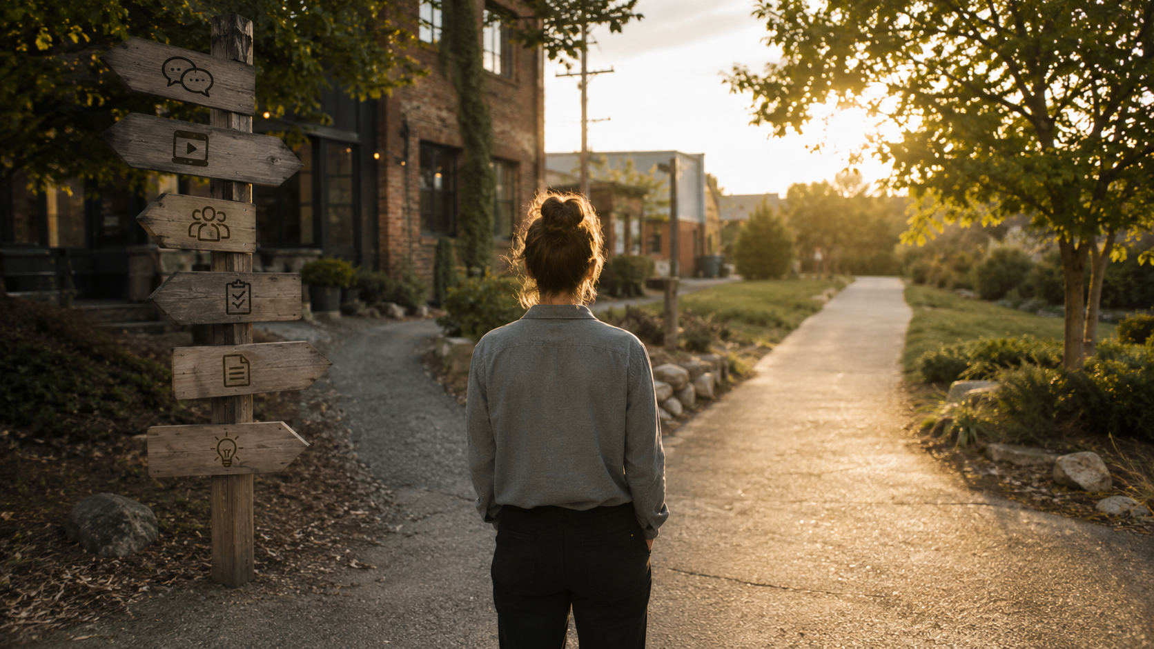 A business owner standing at a forked path, choosing one clear direction among several competing options.