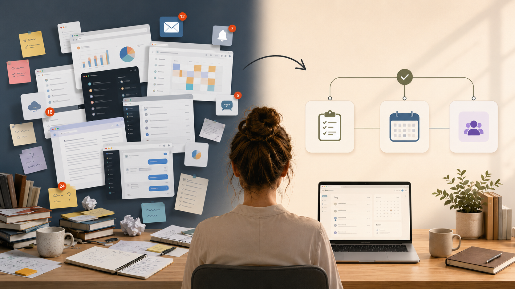 Illustration of a chaotic pile of business apps, notifications, sticky notes, and tangled cords being funneled into a simple, organized workflow with three clean tool cards on a minimal desk.