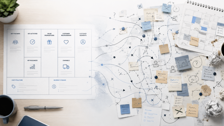 A structured Business Model Canvas on one side and a tangled real-world workflow on the other, showing the disconnect between planning and execution.