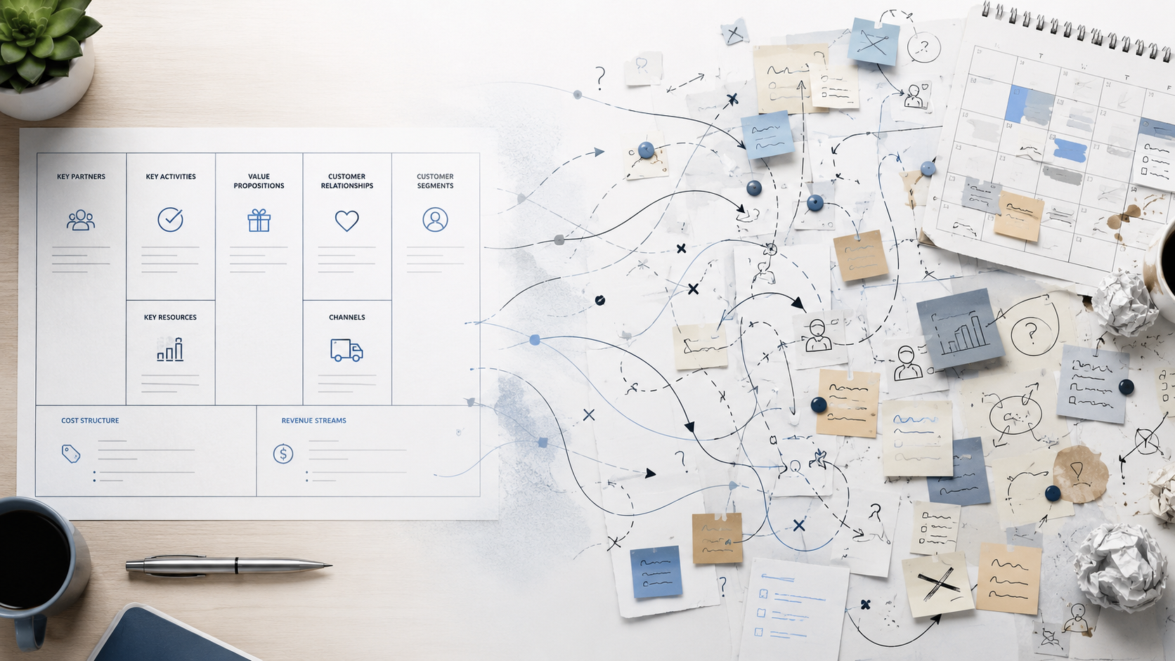 A structured Business Model Canvas on one side and a tangled real-world workflow on the other, showing the disconnect between planning and execution.