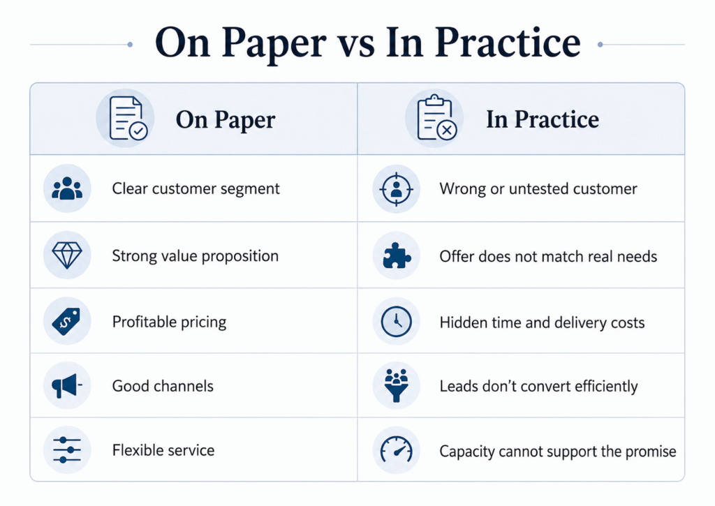 A comparison table showing how a business model can look clear on paper but fail in practice because of untested customers, weak offer fit, hidden costs, poor conversion, and limited capacity.