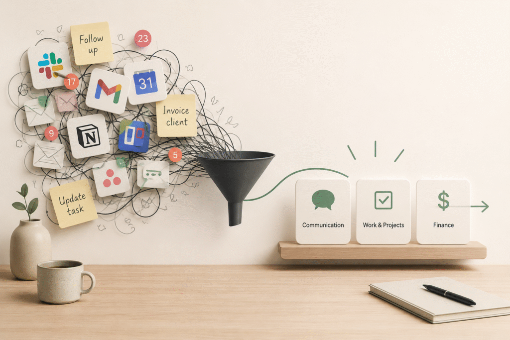 Minimal illustration showing a messy cluster of business apps, notifications, sticky notes, and tangled lines being filtered through a funnel into three organized categories: communication, work and projects, and finance.