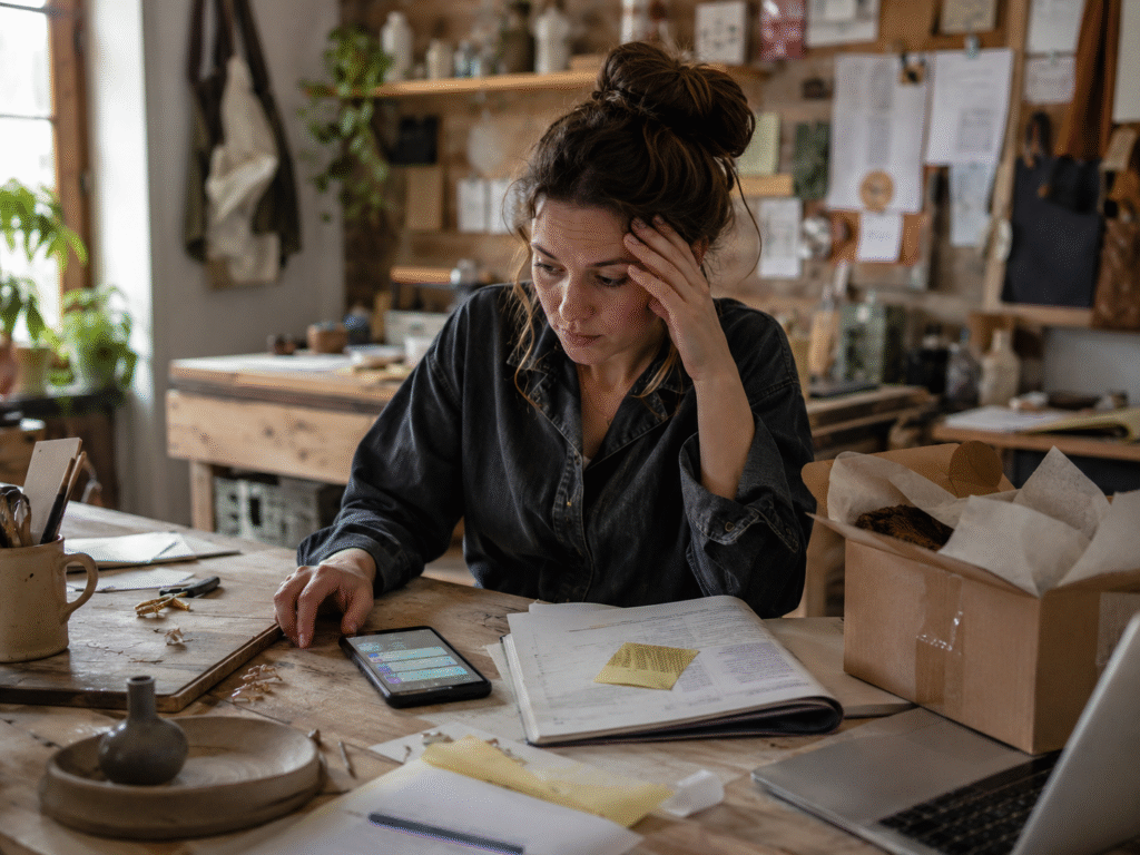 A small business owner sitting at a cluttered workshop table, distracted by messages, paperwork, and unfinished tasks around her.