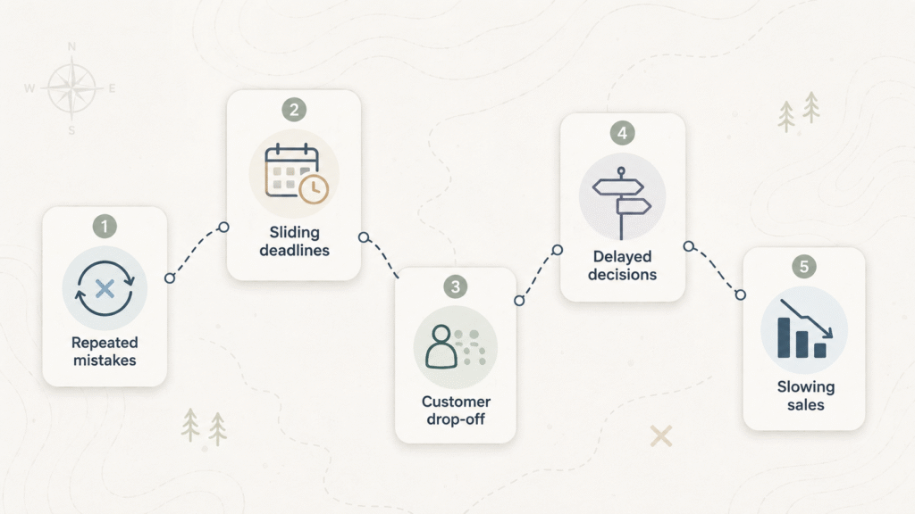 A clean visual map showing five early warning signs of business problems: repeated mistakes, sliding deadlines, customer drop-off, delayed decisions, and slowing sales, connected along a simple path.