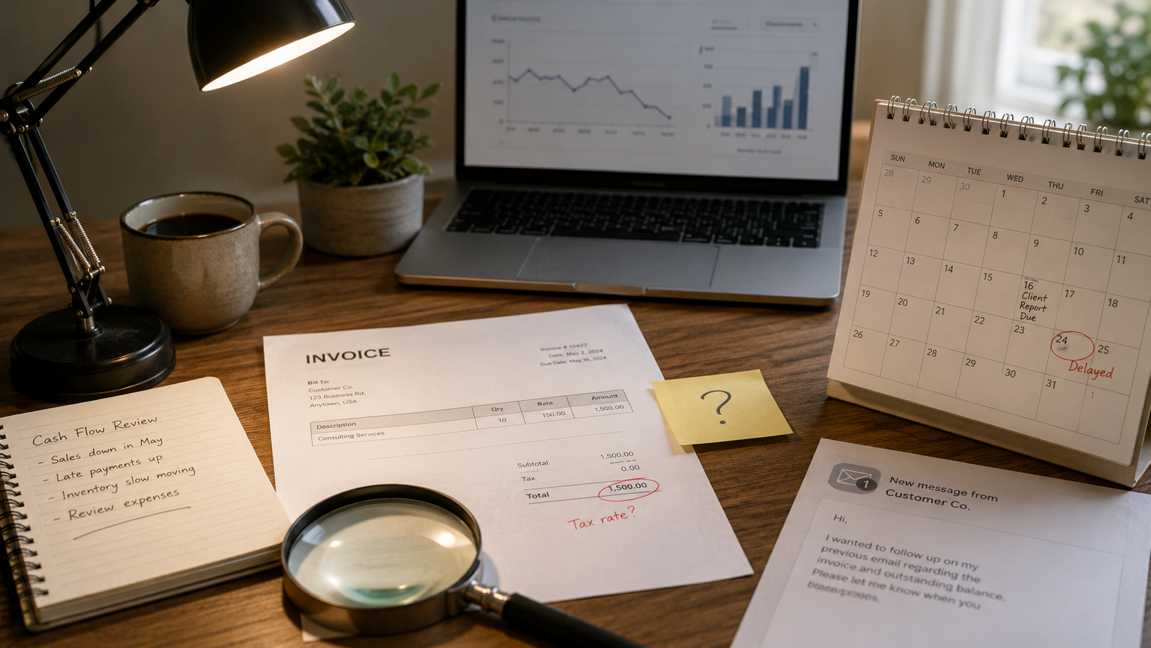 A small business desk arranged like a quiet investigation scene, with an invoice, calendar, sticky note, customer message, laptop charts, and a magnifying glass highlighting hidden signs of business problems.