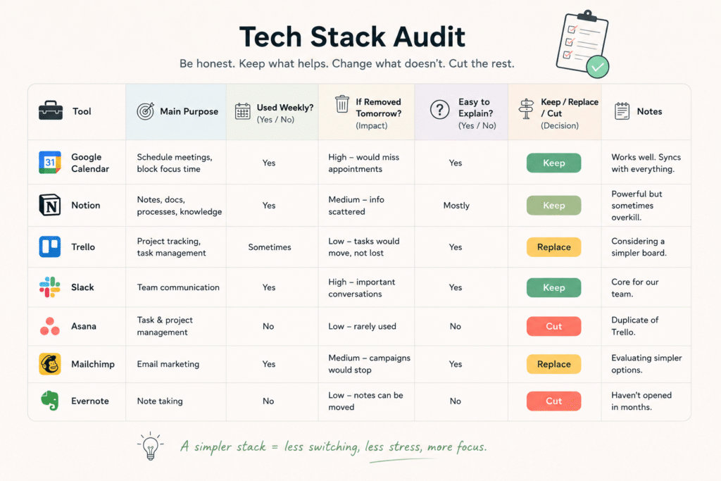 Tech Stack Audit table showing common business tools reviewed by purpose, weekly use, impact if removed, ease of explanation, and final decision to keep, replace, or cut each tool.