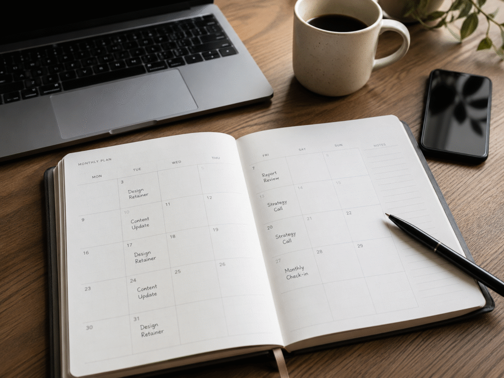 Service business owner’s calendar showing repeat client bookings scheduled across several weeks beside a laptop and phone.