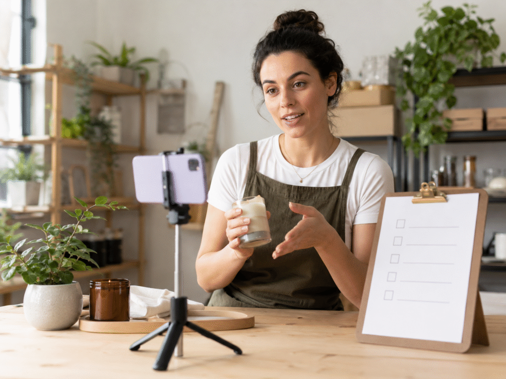 A small business owner records herself explaining a repeatable task, creating the first step toward a clear process checklist.